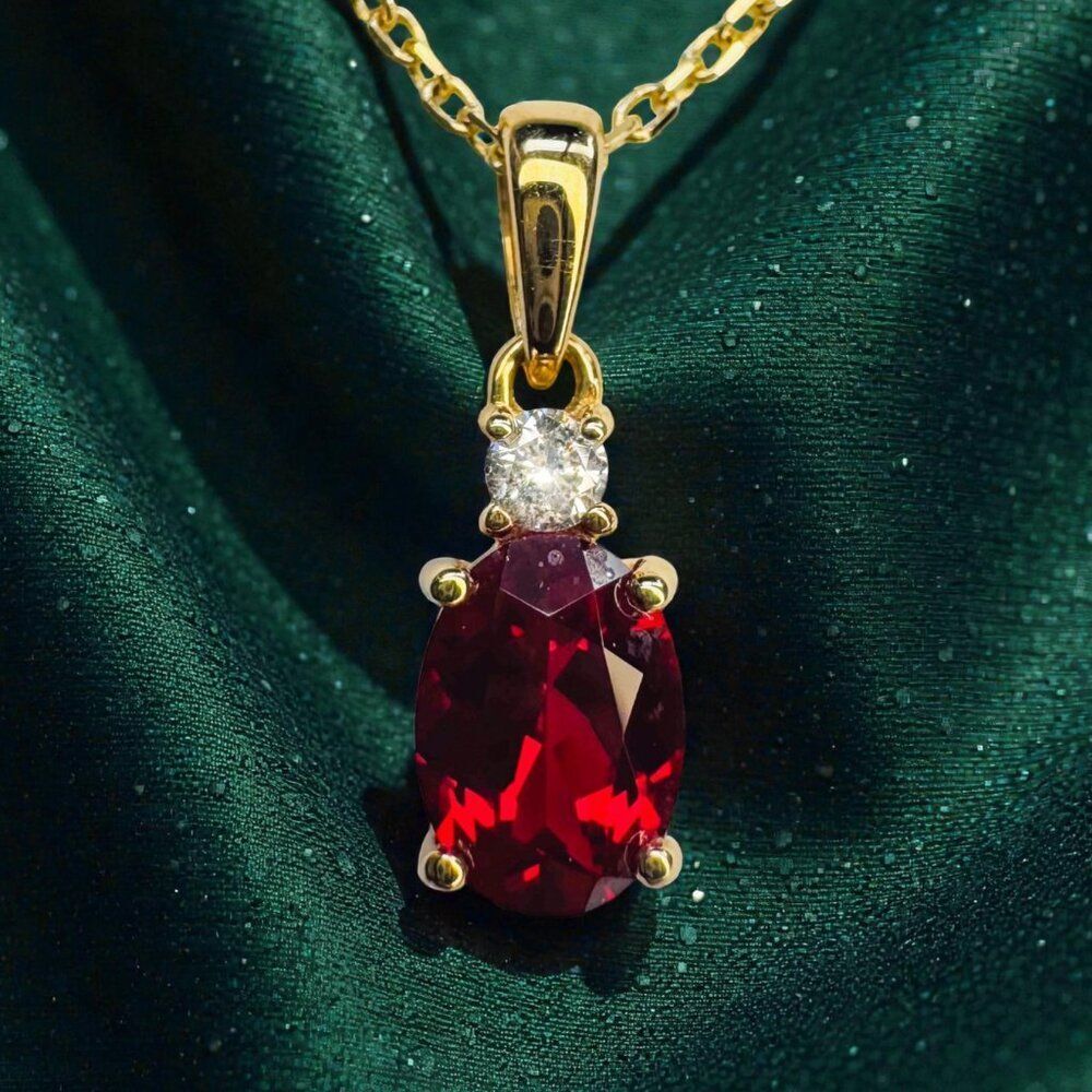 10K Gold Genuine Ruby & Diamond Necklace -18" 1CT Oval Pigeons Blood Red Ruby 2g